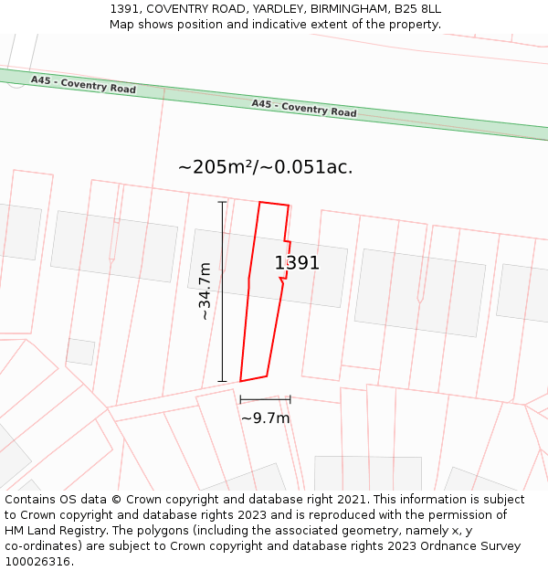 1391, COVENTRY ROAD, YARDLEY, BIRMINGHAM, B25 8LL: Plot and title map
