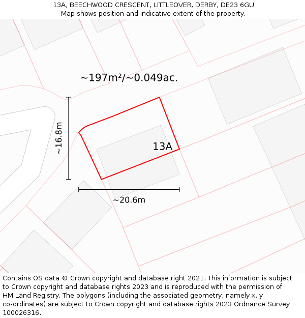 13A, BEECHWOOD CRESCENT, LITTLEOVER, DERBY, DE23 6GU: Plot and title map