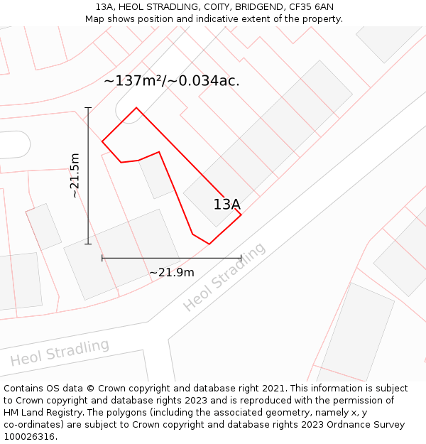 13A, HEOL STRADLING, COITY, BRIDGEND, CF35 6AN: Plot and title map