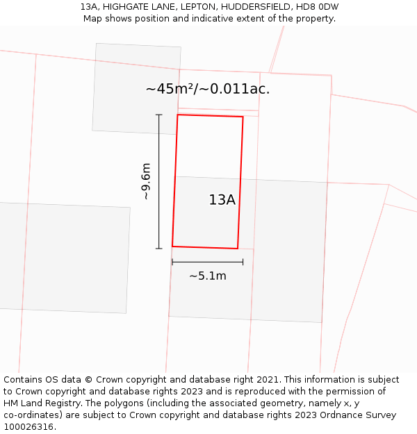 13A, HIGHGATE LANE, LEPTON, HUDDERSFIELD, HD8 0DW: Plot and title map