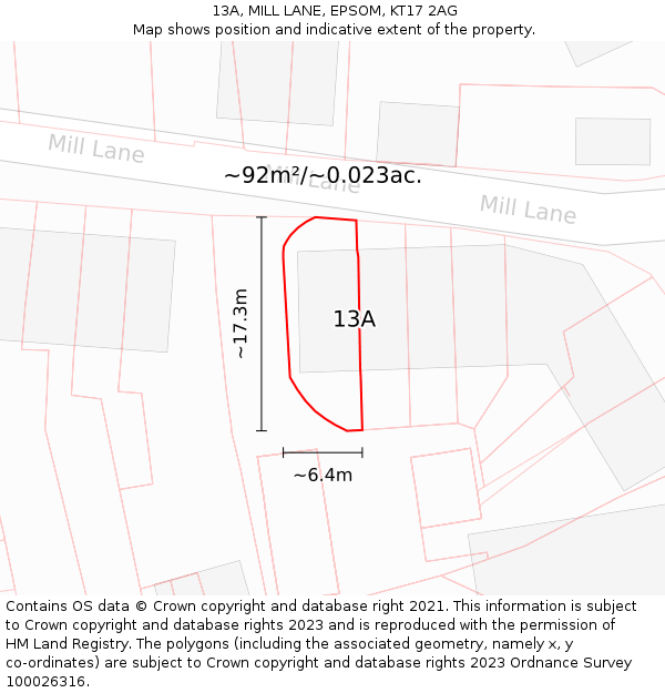 13A, MILL LANE, EPSOM, KT17 2AG: Plot and title map
