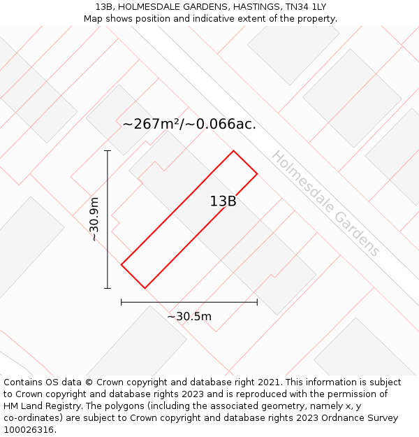 13B, HOLMESDALE GARDENS, HASTINGS, TN34 1LY: Plot and title map