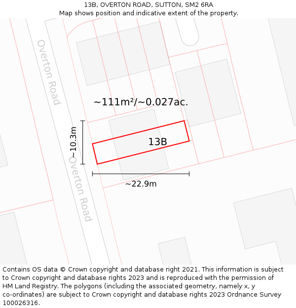 13B, OVERTON ROAD, SUTTON, SM2 6RA: Plot and title map