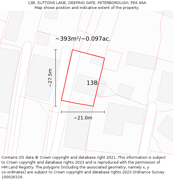 13B, SUTTONS LANE, DEEPING GATE, PETERBOROUGH, PE6 9AA: Plot and title map