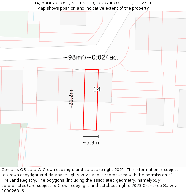 14, ABBEY CLOSE, SHEPSHED, LOUGHBOROUGH, LE12 9EH: Plot and title map