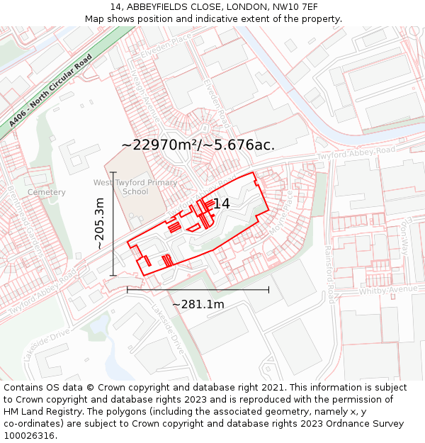 14, ABBEYFIELDS CLOSE, LONDON, NW10 7EF: Plot and title map