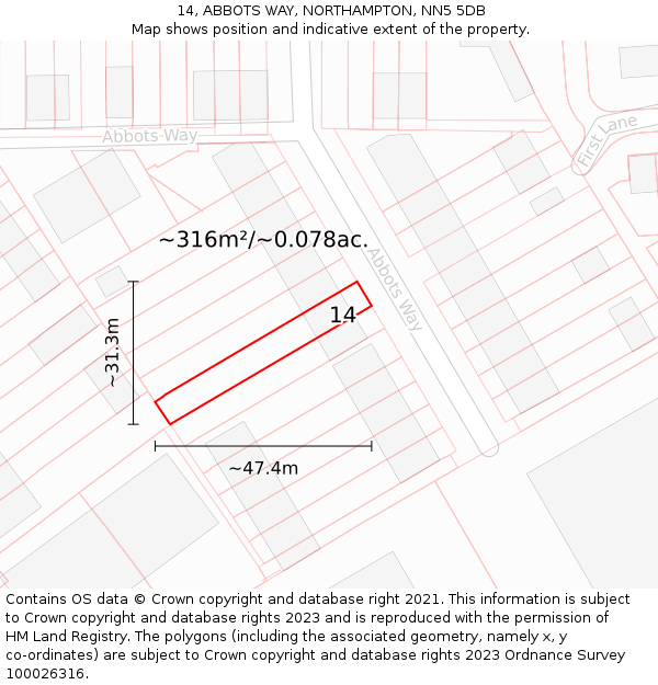 14, ABBOTS WAY, NORTHAMPTON, NN5 5DB: Plot and title map