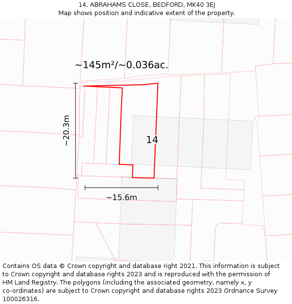 14, ABRAHAMS CLOSE, BEDFORD, MK40 3EJ: Plot and title map