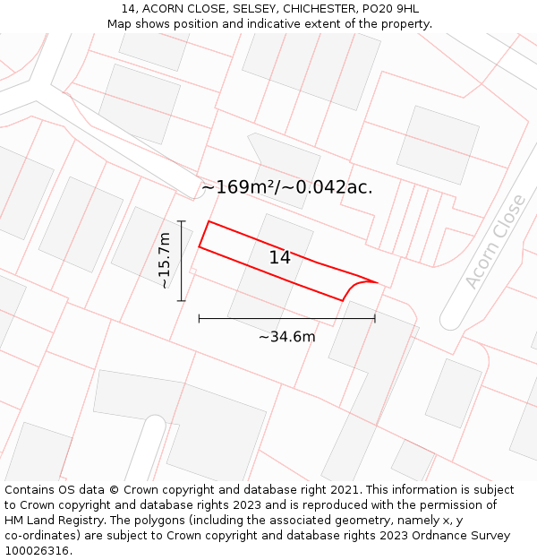 14, ACORN CLOSE, SELSEY, CHICHESTER, PO20 9HL: Plot and title map