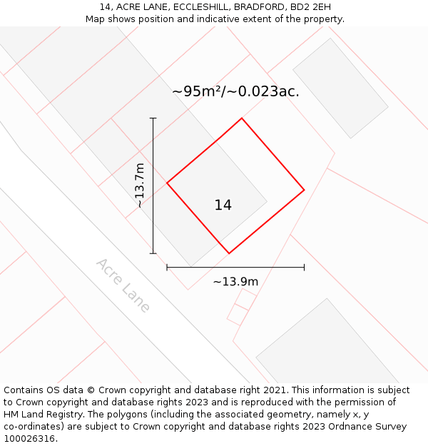 14, ACRE LANE, ECCLESHILL, BRADFORD, BD2 2EH: Plot and title map