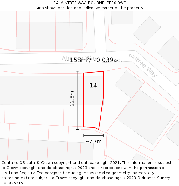 14, AINTREE WAY, BOURNE, PE10 0WG: Plot and title map