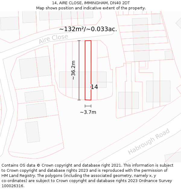 14, AIRE CLOSE, IMMINGHAM, DN40 2DT: Plot and title map
