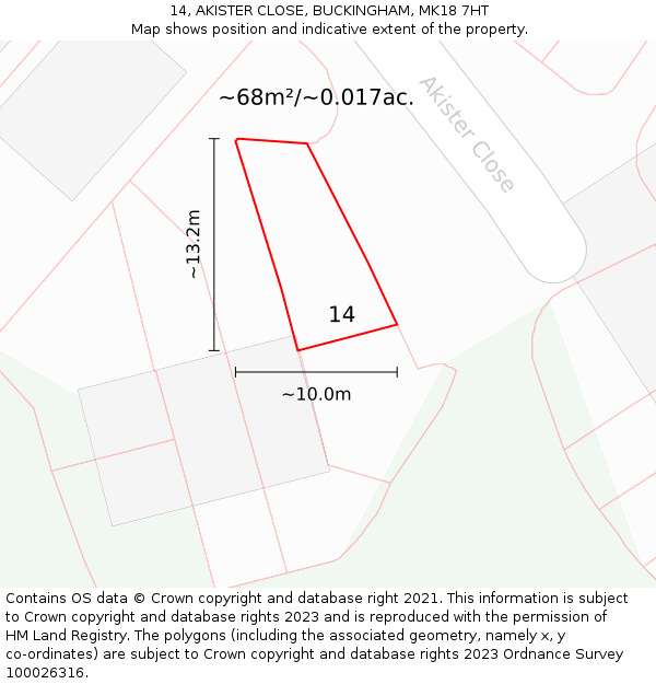 14, AKISTER CLOSE, BUCKINGHAM, MK18 7HT: Plot and title map