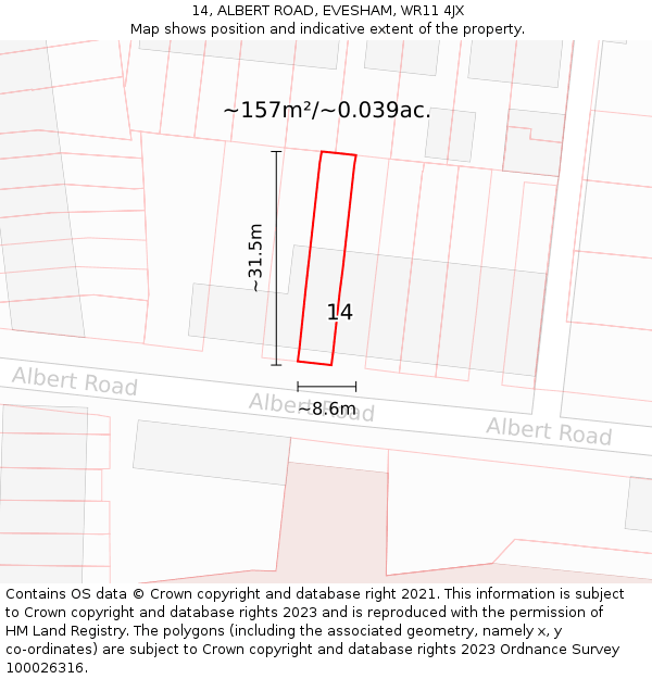 14, ALBERT ROAD, EVESHAM, WR11 4JX: Plot and title map