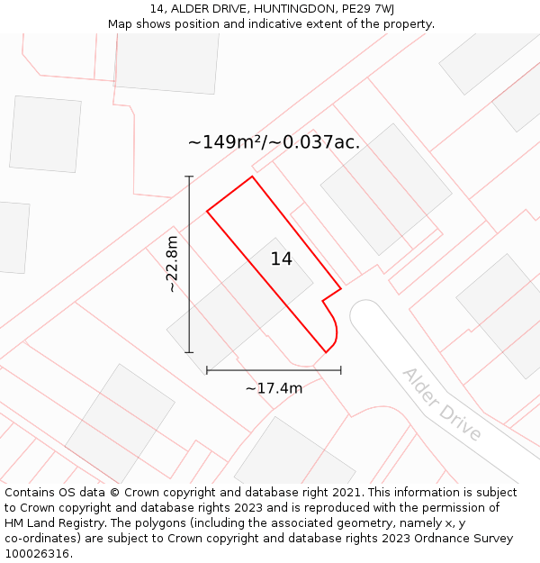 14, ALDER DRIVE, HUNTINGDON, PE29 7WJ: Plot and title map