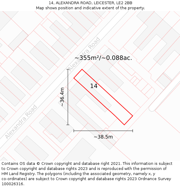 14, ALEXANDRA ROAD, LEICESTER, LE2 2BB: Plot and title map