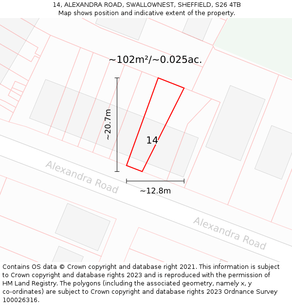 14, ALEXANDRA ROAD, SWALLOWNEST, SHEFFIELD, S26 4TB: Plot and title map