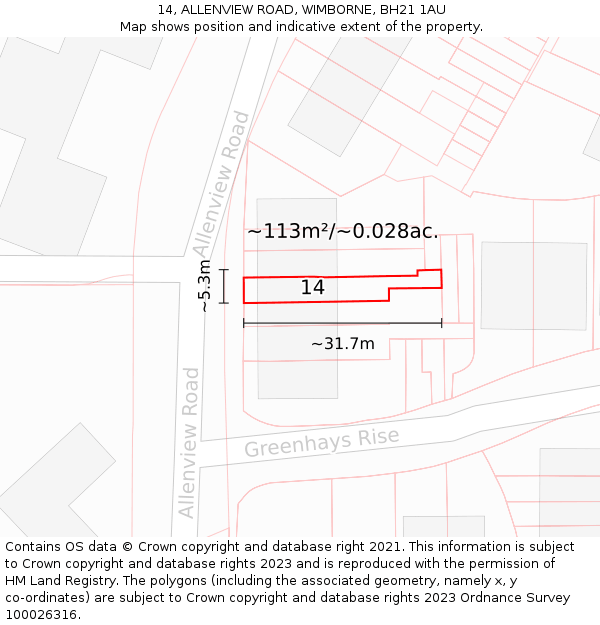 14, ALLENVIEW ROAD, WIMBORNE, BH21 1AU: Plot and title map