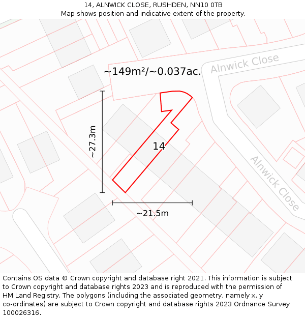 14, ALNWICK CLOSE, RUSHDEN, NN10 0TB: Plot and title map