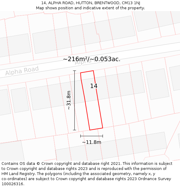 14, ALPHA ROAD, HUTTON, BRENTWOOD, CM13 1NJ: Plot and title map