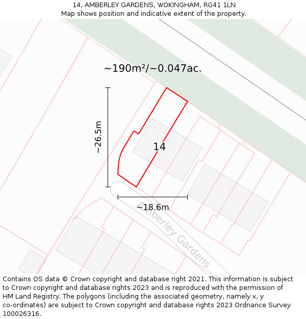 14, AMBERLEY GARDENS, WOKINGHAM, RG41 1LN: Plot and title map
