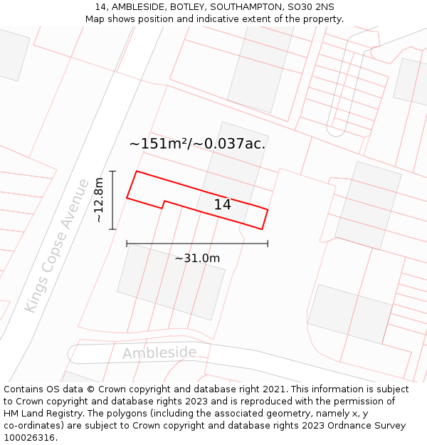 14, AMBLESIDE, BOTLEY, SOUTHAMPTON, SO30 2NS: Plot and title map