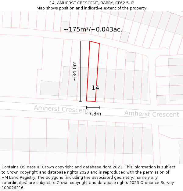 14, AMHERST CRESCENT, BARRY, CF62 5UP: Plot and title map