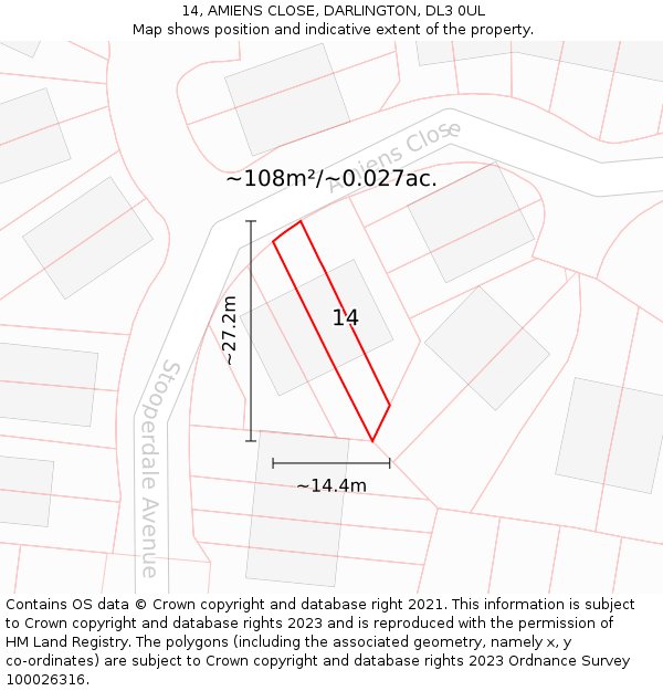 14, AMIENS CLOSE, DARLINGTON, DL3 0UL: Plot and title map