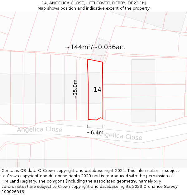 14, ANGELICA CLOSE, LITTLEOVER, DERBY, DE23 1NJ: Plot and title map