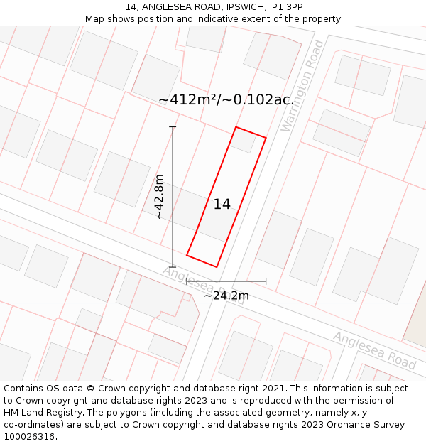 14, ANGLESEA ROAD, IPSWICH, IP1 3PP: Plot and title map