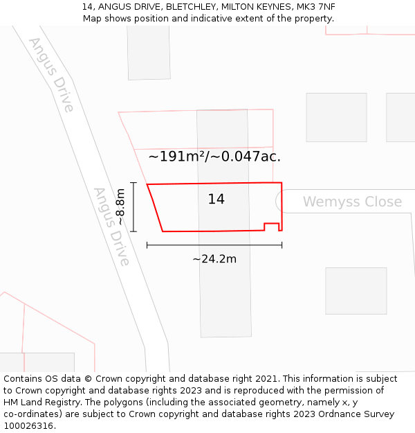 14, ANGUS DRIVE, BLETCHLEY, MILTON KEYNES, MK3 7NF: Plot and title map