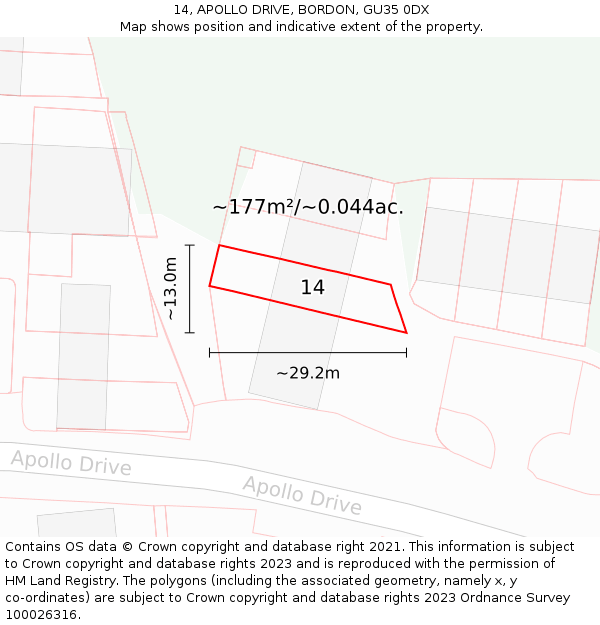 14, APOLLO DRIVE, BORDON, GU35 0DX: Plot and title map