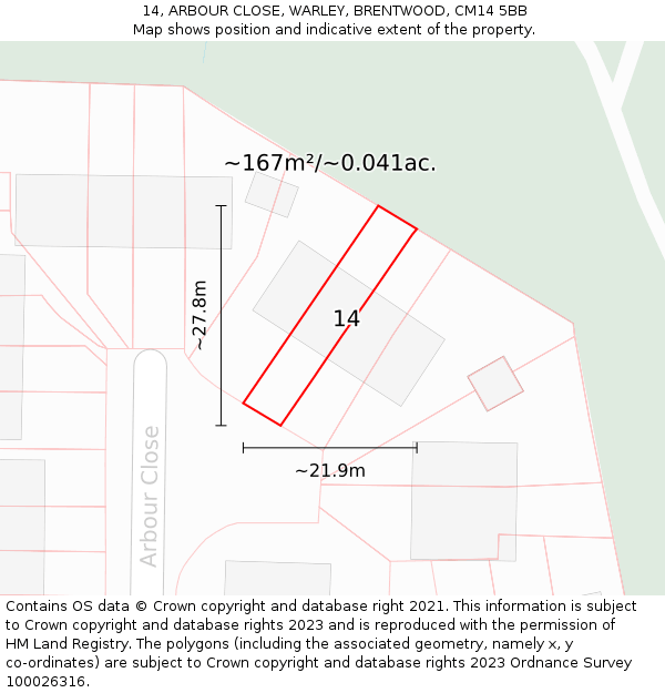 14, ARBOUR CLOSE, WARLEY, BRENTWOOD, CM14 5BB: Plot and title map