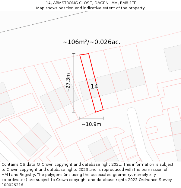 14, ARMSTRONG CLOSE, DAGENHAM, RM8 1TF: Plot and title map