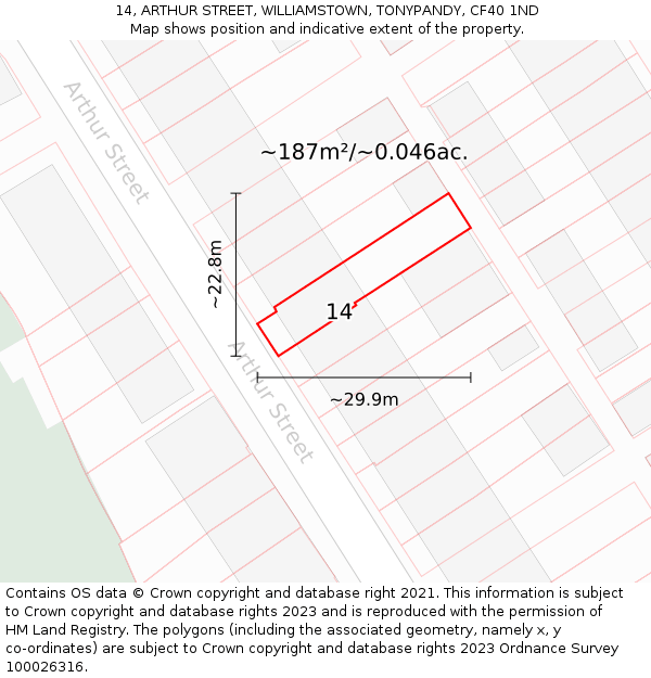 14, ARTHUR STREET, WILLIAMSTOWN, TONYPANDY, CF40 1ND: Plot and title map