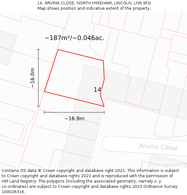 14, ARVINA CLOSE, NORTH HYKEHAM, LINCOLN, LN6 9FQ: Plot and title map