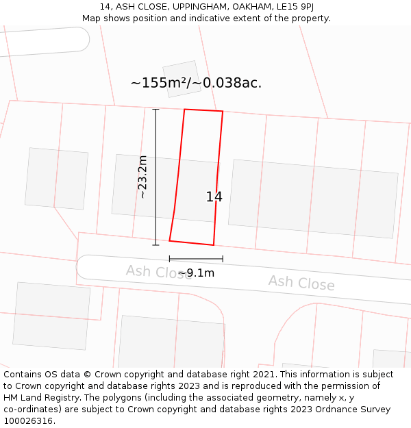 14, ASH CLOSE, UPPINGHAM, OAKHAM, LE15 9PJ: Plot and title map