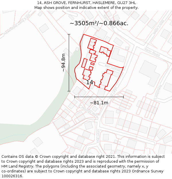 14, ASH GROVE, FERNHURST, HASLEMERE, GU27 3HL: Plot and title map