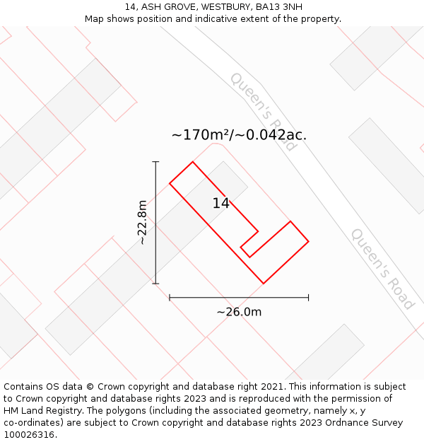 14, ASH GROVE, WESTBURY, BA13 3NH: Plot and title map