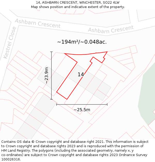 14, ASHBARN CRESCENT, WINCHESTER, SO22 4LW: Plot and title map