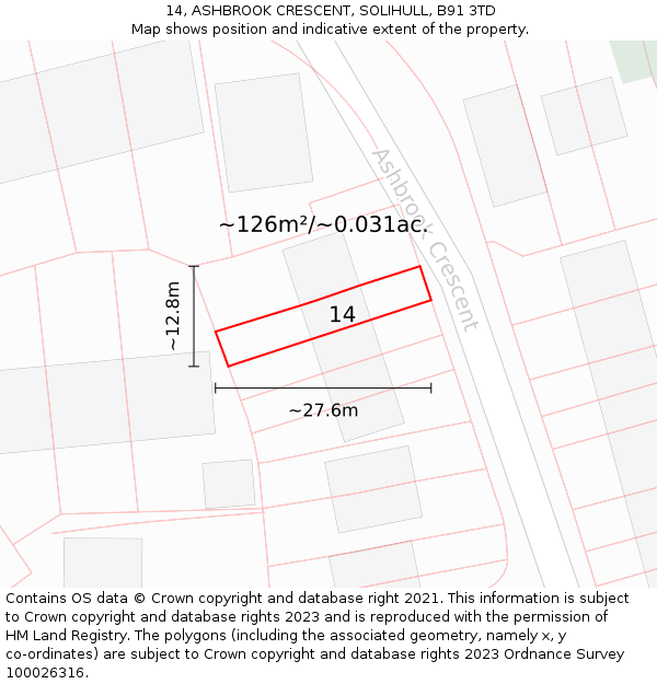 14, ASHBROOK CRESCENT, SOLIHULL, B91 3TD: Plot and title map