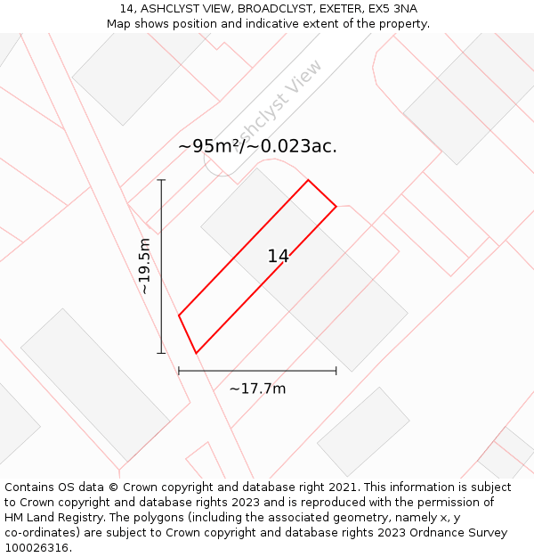 14, ASHCLYST VIEW, BROADCLYST, EXETER, EX5 3NA: Plot and title map