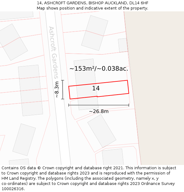 14, ASHCROFT GARDENS, BISHOP AUCKLAND, DL14 6HF: Plot and title map