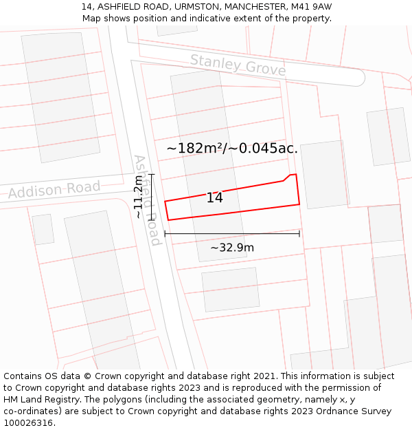 14, ASHFIELD ROAD, URMSTON, MANCHESTER, M41 9AW: Plot and title map