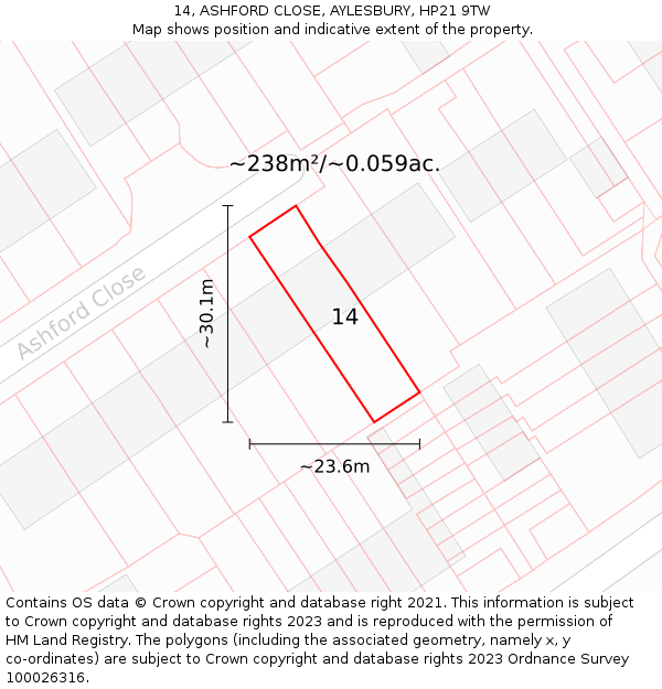 14, ASHFORD CLOSE, AYLESBURY, HP21 9TW: Plot and title map