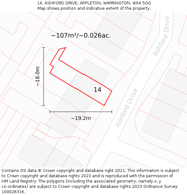 14, ASHFORD DRIVE, APPLETON, WARRINGTON, WA4 5GG: Plot and title map