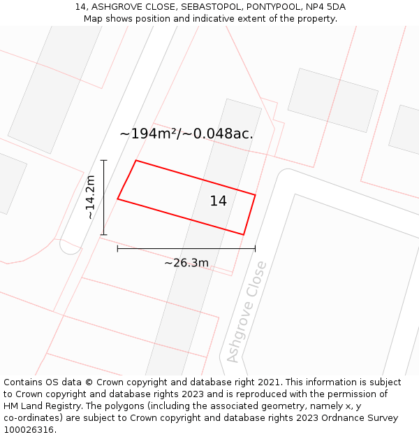 14, ASHGROVE CLOSE, SEBASTOPOL, PONTYPOOL, NP4 5DA: Plot and title map