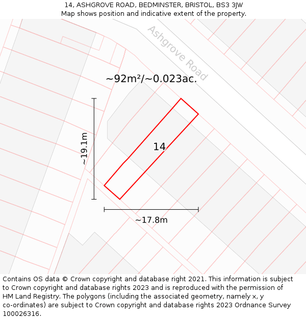 14, ASHGROVE ROAD, BEDMINSTER, BRISTOL, BS3 3JW: Plot and title map