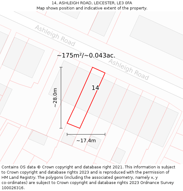 14, ASHLEIGH ROAD, LEICESTER, LE3 0FA: Plot and title map