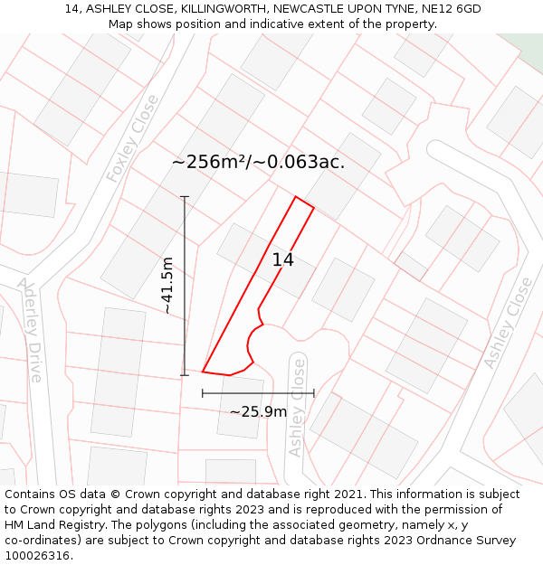 14, ASHLEY CLOSE, KILLINGWORTH, NEWCASTLE UPON TYNE, NE12 6GD: Plot and title map